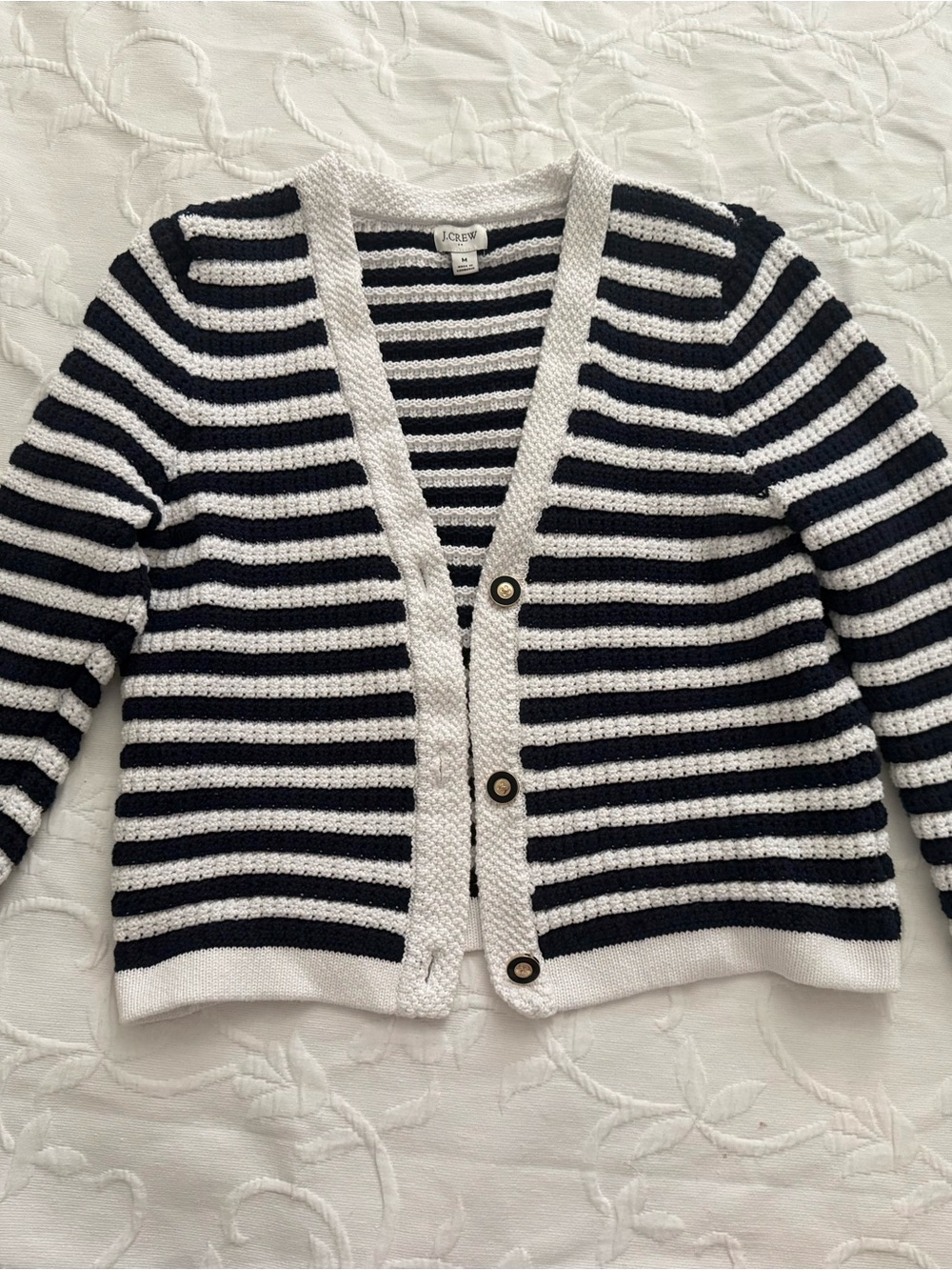 J. Crew Navy and White Striped V-Neck Cardigan